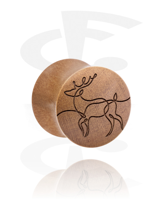 Tunnels & Plugs, Double flared plug (wood) with laser engraving "one line design deer", Wood