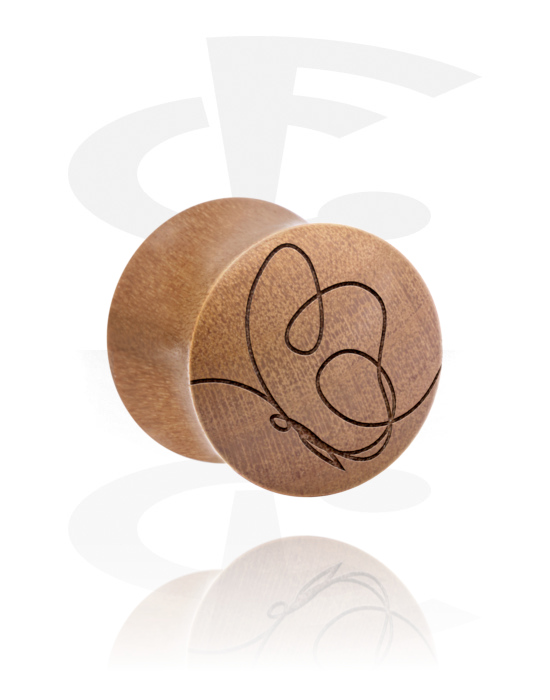 Tunnlar & Pluggar, Double flared plug (wood) med laser engraving "one line design butterfly", Trä