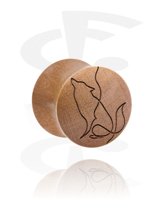 Tunnels & Plugs, Double flared plug (wood) with laser engraving "one line design wolf", Wood