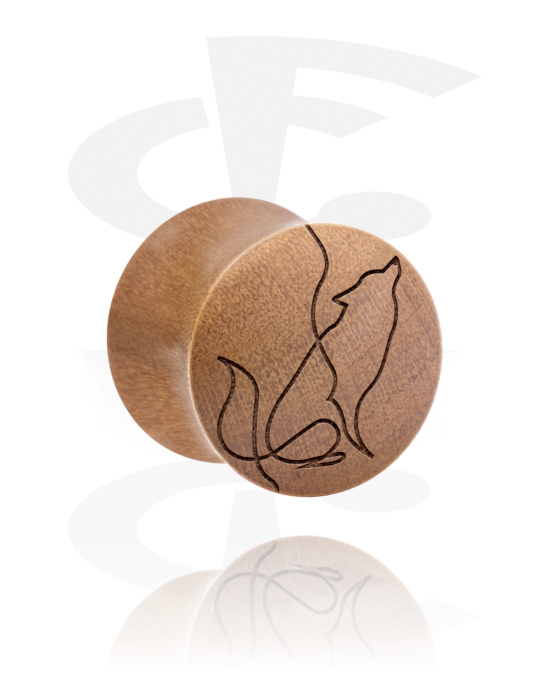 Tunnels & Plugs, Double flared plug (wood) with laser engraving "one line design wolf", Wood