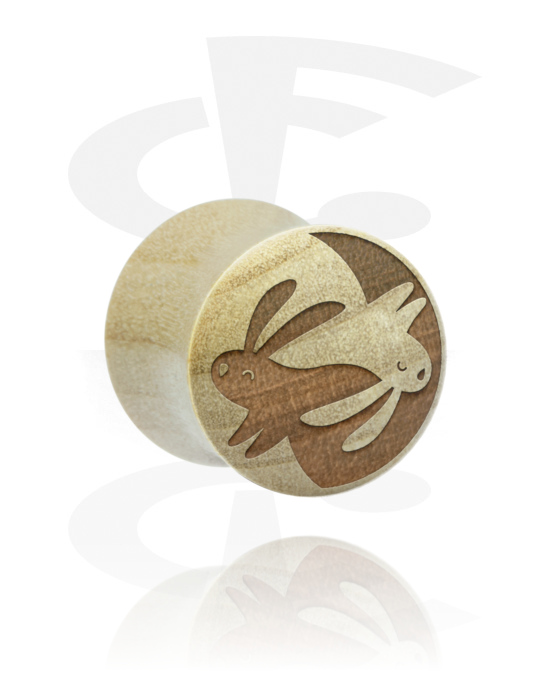 Tunnels & Plugs, Double flared plug (wood) with laser engraving "rabbits", Wood