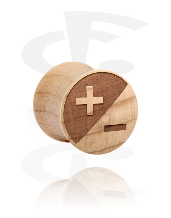 Tunnels & Plugs, Double flared plug (wood) with laser engraving "+/-", Wood