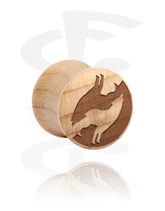 Tunnels & Plugs, Double flared plug (hout) met lasergravure ‘wolf’, Hout