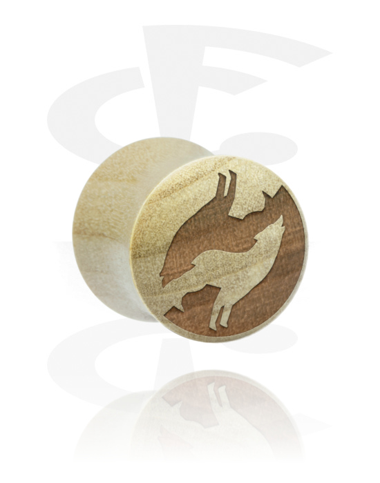 Tunnels & Plugs, Double flared plug (wood) with laser engraving "wolf", Wood