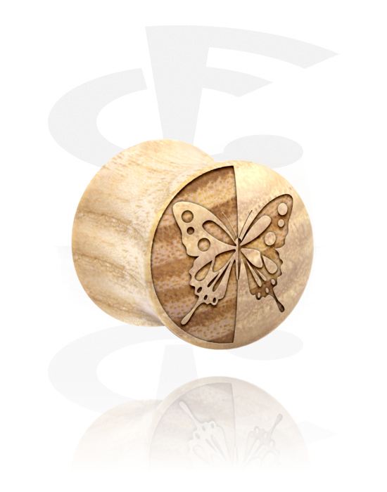 Tunnel & Plugs, Double Flared Plug (Holz) mit Laserdesign "Schmetterling", Holz