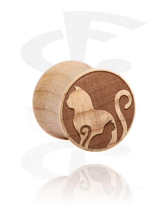 Tunnels & Plugs, Double flared plug (wood) with cat design, Wood
