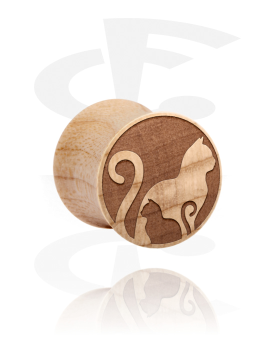Tunnels & Plugs, Double flared plug (wood) with cat design, Wood