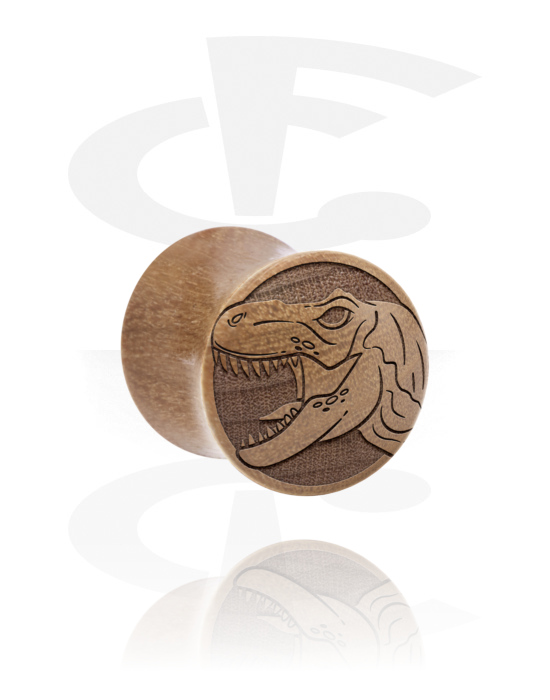 Tunnels & Plugs, Double flared plug (wood) with laser engraving "dinosaur", Wood