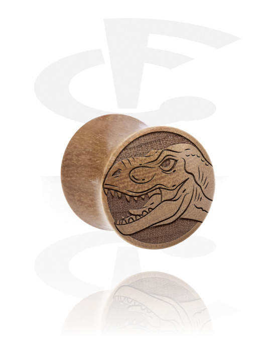 Tunnels & Plugs, Double flared plug (wood) with laser engraving "dinosaur", Wood