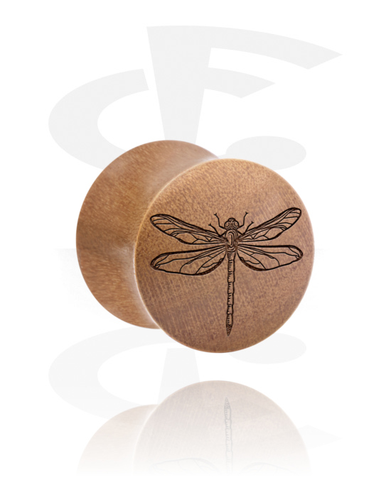 Tunnels & Plugs, Double flared plug (wood) with laser engraving "dragonfly", Wood