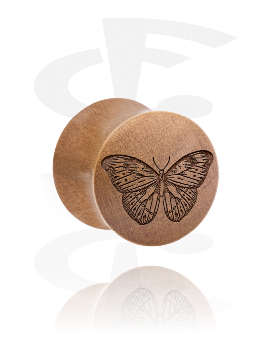 Tunnels & Plugs, Double flared plug (wood) with laser engraving "butterfly", Wood