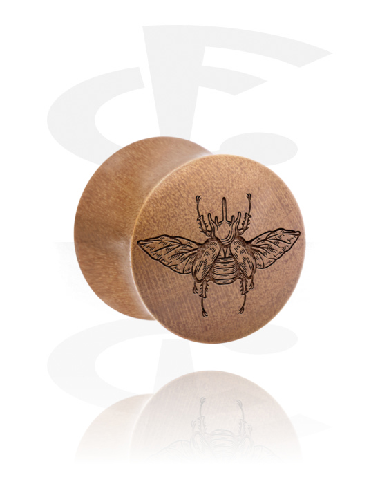 Alagutak és dugók, Double flared plug (wood) val vel laser engraving "flying rhinoceros beetle", Fa