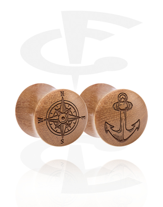 Tunnels & Plugs, Double flared plug (wood) with laser engraving "anchor and compass", Wood