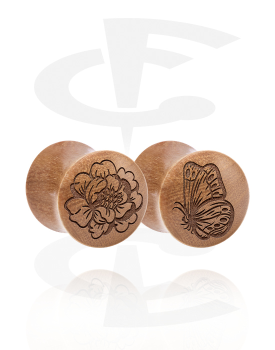 Tunnels & Plugs, 1 pair double flared plugs (wood) with laser engraving "flower and butterfly", Wood