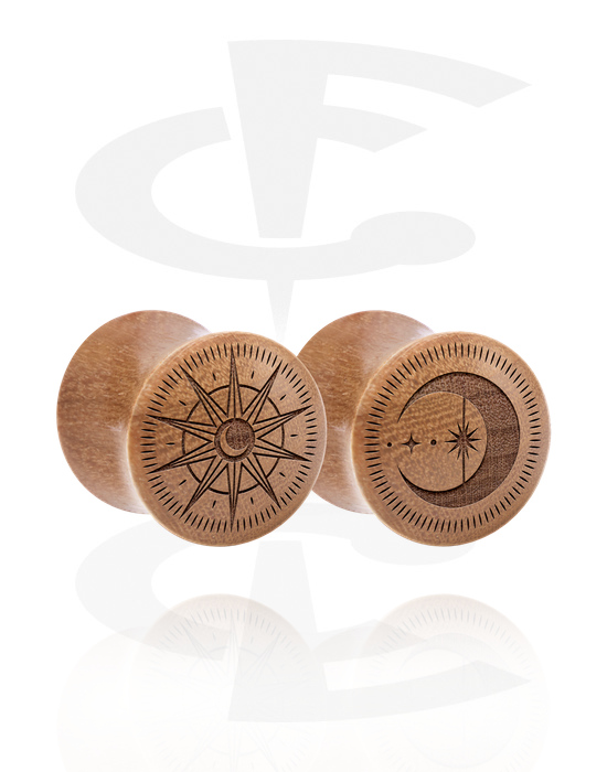 Tunnlar & Pluggar, 1 pair double flared plugs (wood) med laser engraving "sun and moon", Trä