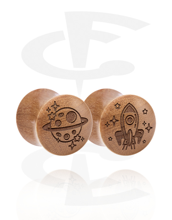 Tunnels & Plugs, 1 pair double flared plugs (wood) with laser engraving "planet and rocket", Wood