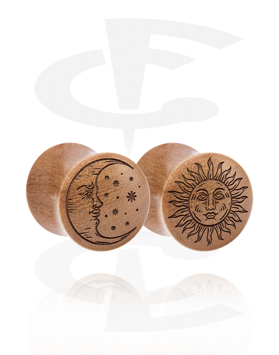 Tunnels & Plugs, 1 pair double flared plugs (wood) with laser engraving "sun and moon", Wood