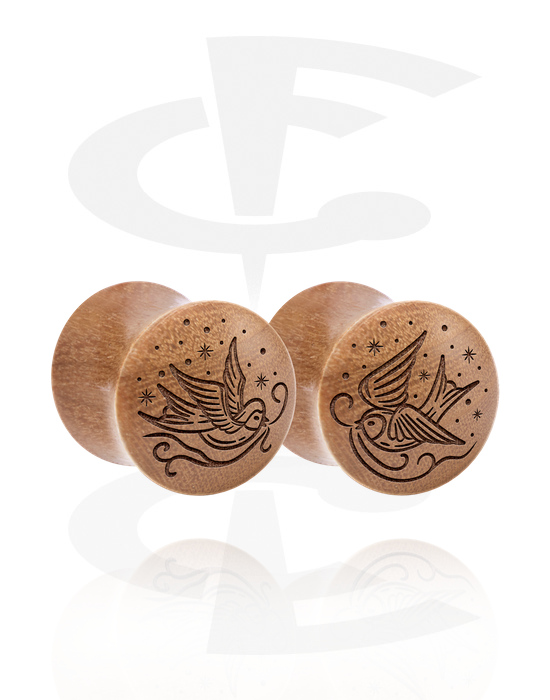 Tunnels & Plugs, 1 pair double flared plugs (wood) with laser engraving "birds", Wood