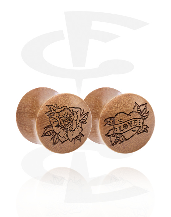 Tunnels & Plugs, 1 pair double flared plugs (wood) with laser engraving "rose and heart with LOVE lettering", Wood