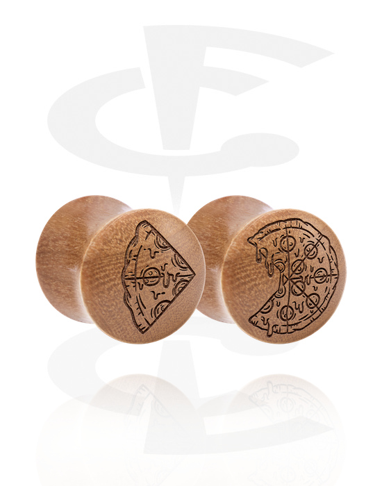 Tunnels & Plugs, 1 pair double flared plugs (wood) with laser engraving "pizza", Wood