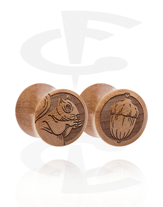 Tunnels & Plugs, 1 pair double flared plugs (wood) with laser engraving "squirrel", Wood