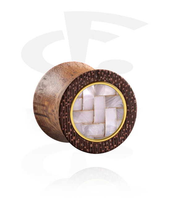 Tunely & plugy, Plug s rozšířenými konci (dřevo) s vložkou imitace perleti, Dřevo