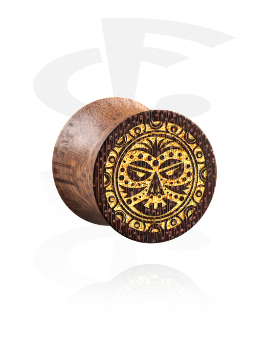 Tunnels & Plugs, Double flared plug (wood) with laser engraving "golden mask", Mahogany Wood