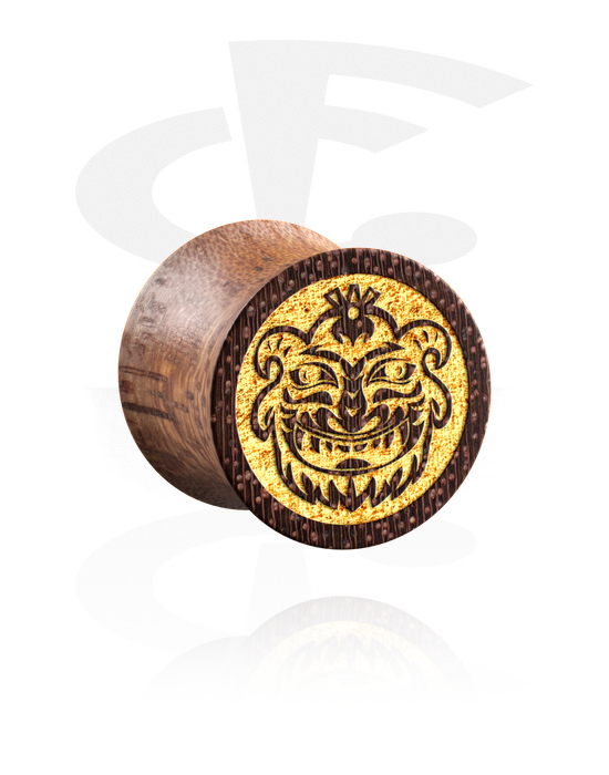 Tunnels & Plugs, Double flared plug (wood) with laser engraving "golden mask", Mahogany Wood