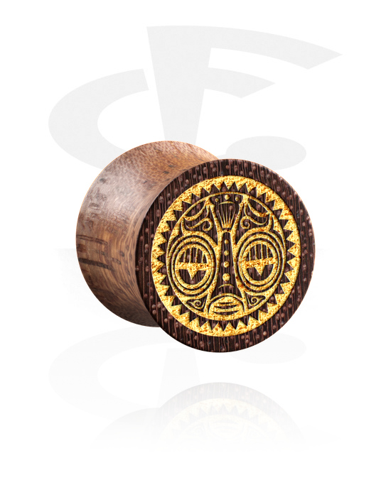 Tunely & plugy, Plug s rozšírenými koncami (drevo) s laserovým gravírovaním „zlatá maska“, Mahagónové drevo