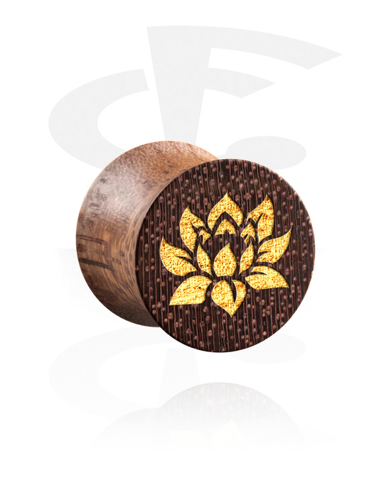 Tunnels & Plugs, Double flared plug (wood) with laser engraving "golden lotus flower", Mahogany Wood