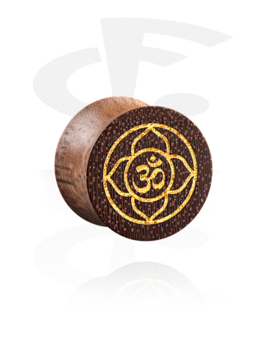 Tunnels & Plugs, Double flared plug (wood) with laser engraving "golden Om sign", Mahogany Wood