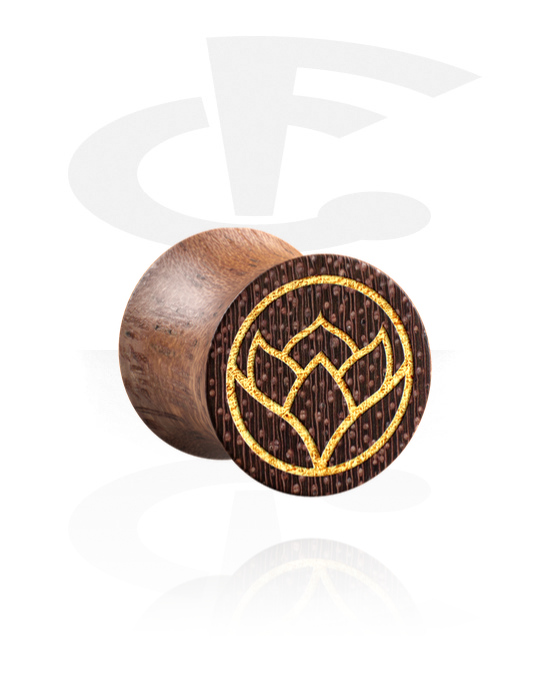Tunnels & Plugs, Double flared plug (wood) with laser engraving "golden flower", Mahogany Wood