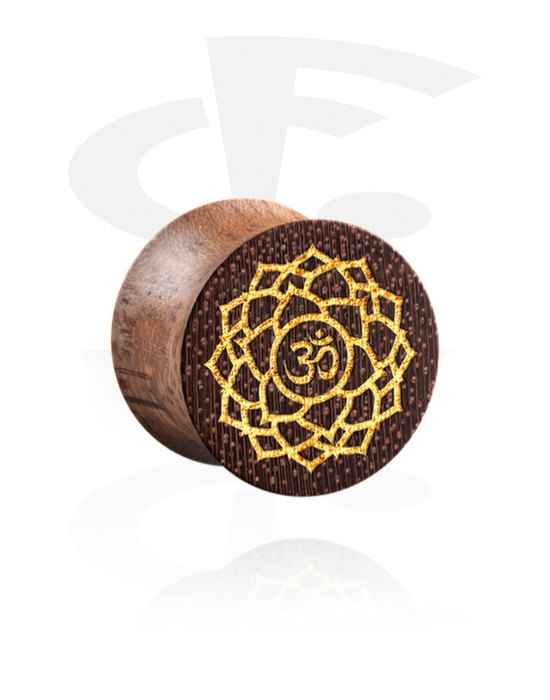 Tunnels & Plugs, Double flared plug (wood) with laser engraving "golden flower" and "Om" sign, Mahogany Wood
