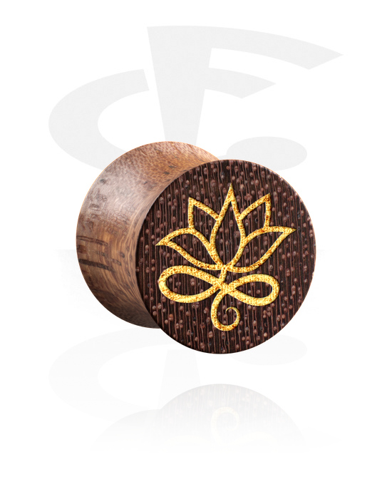 Tunnels & Plugs, Double flared plug (wood) with laser engraving "golden lotus flower", Mahogany Wood