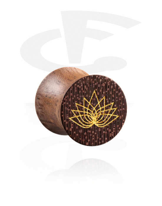 Tunnels & Plugs, Double flared plug (wood) with laser engraving "golden flower", Mahogany Wood