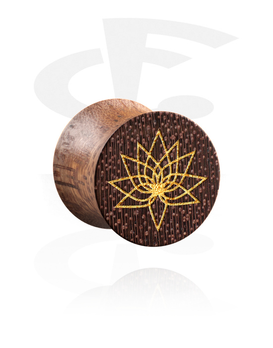 Alagutak és dugók, Double flared plug (wood) val vel laser engraving "golden flower", Mahagóni fa
