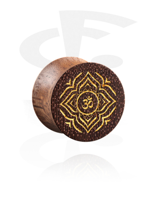 Tunnels & Plugs, Double flared plug (wood) with laser engraving "golden Om sign", Mahogany Wood