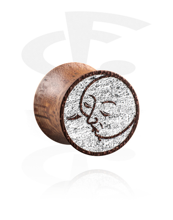 Tunnels & Plugs, Double flared plug (wood) with laser engraving "golden moon", Mahogany Wood