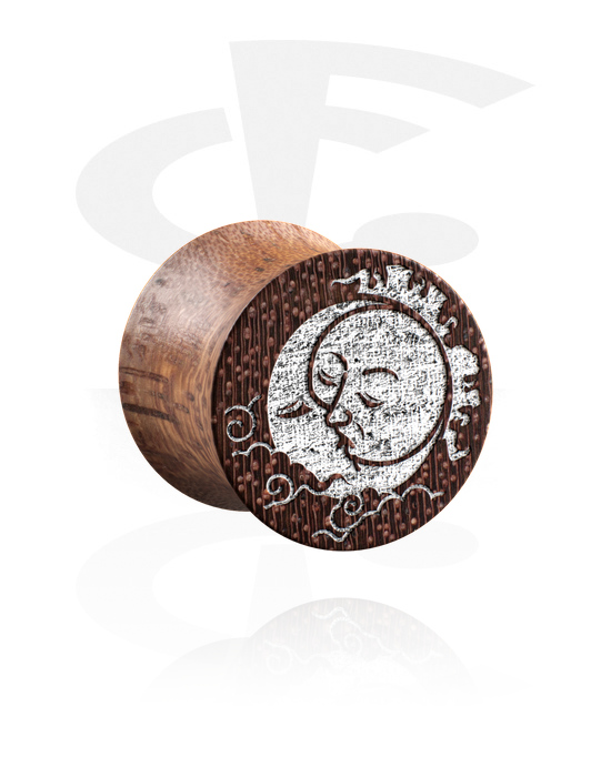 Tunnels & Plugs, Double flared plug (wood) with laser engraving "golden sun and moon", Mahogany Wood