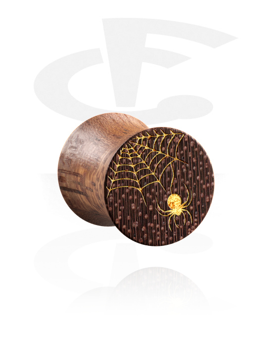 Tunnels & Plugs, Double flared plug (wood) with laser engraving "golden spiderweb", Mahogany Wood