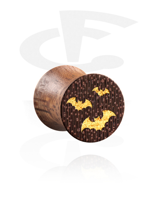 Tunnels & Plugs, Double flared plug (wood) with laser engraving "golden bats", Mahogany Wood