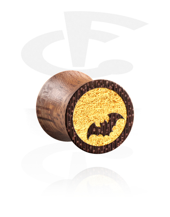 Tunnels & Plugs, Double flared plug (hout) met lasergravure ‘gouden vleermuis’, Mahogany