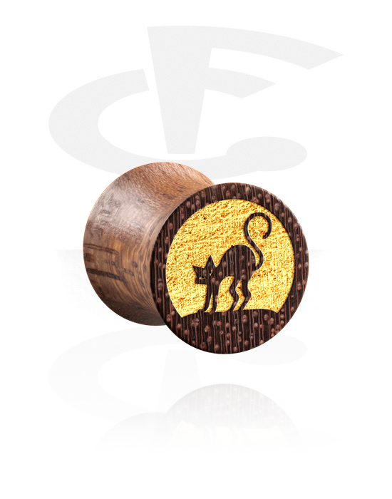 Tunnels & Plugs, Double flared plug (wood) with laser engraving "cat" and golden background, Mahogany Wood