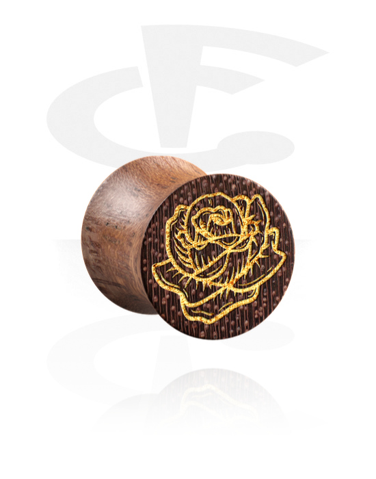 Tunnel & Plugs, Double Flared Plug (Holz) mit Laserdesign "goldene Rose", Holz