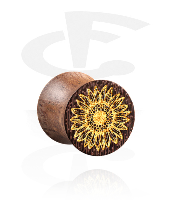Tunnels & Plugs, Double flared plug (wood) with laser engraving "golden sunflower", Wood