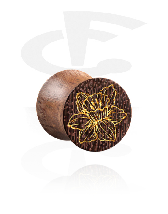 Tunely & plugy, Plug s rozšírenými koncami (drevo) s laserovým gravírovaním „zlatý kvet“, Drevo