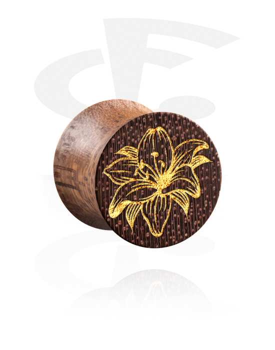 Tunely & plugy, Plug s rozšířenými konci (dřevo) s laserovým gravírováním „zlatá květina“, Dřevo
