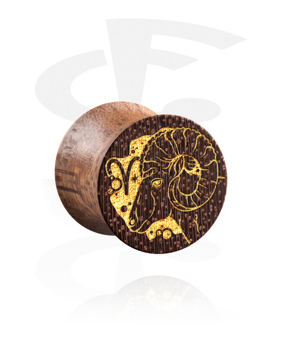 Tunnels & Plugs, Double flared plug (wood) with laser engraving "zodiac", Mahogany Wood