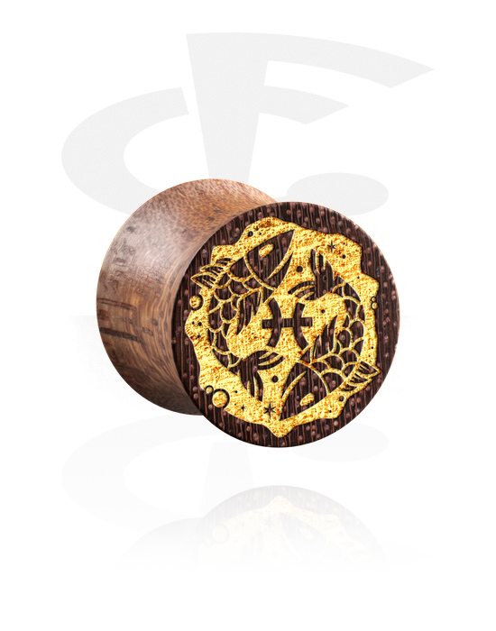 Tunnels & Plugs, Double flared plug (wood) with laser engraving "zodiac", Mahogany Wood
