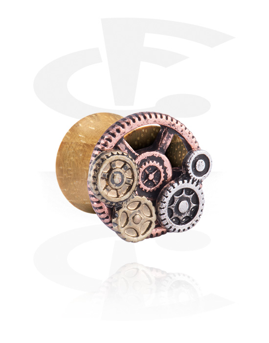 Tunnels & Plugs, Double flared plug (hout) met steampunk-motief, Hout